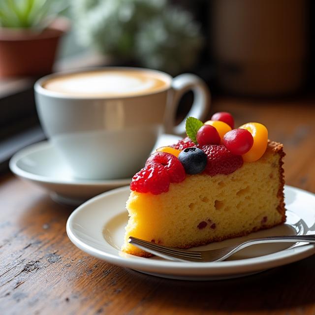 Ein Stück frischer Obstkuchen neben einer Tasse Cappuccino auf einem Holztisch.